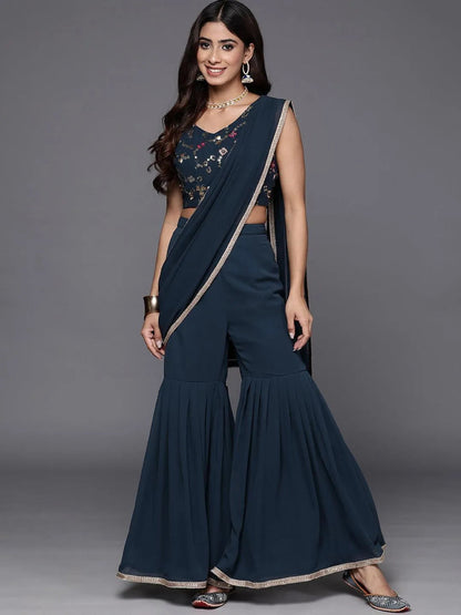 Gerua Blue Embellished Georgette Stitched Saree