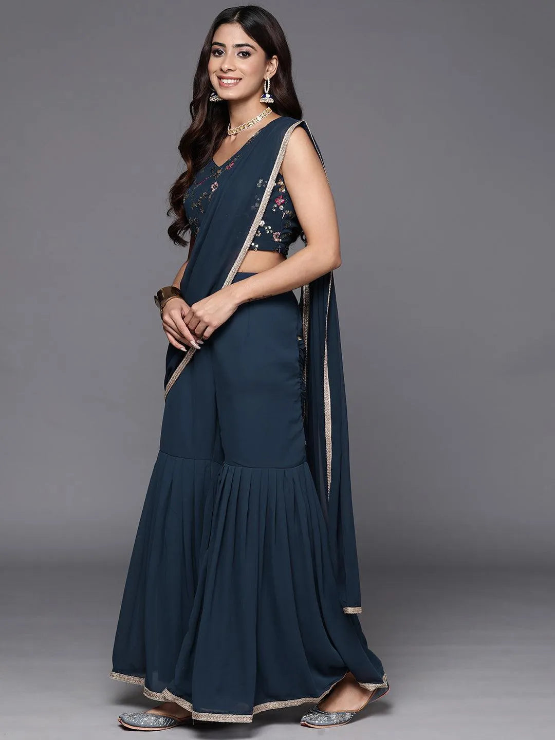 Gerua Blue Embellished Georgette Stitched Saree