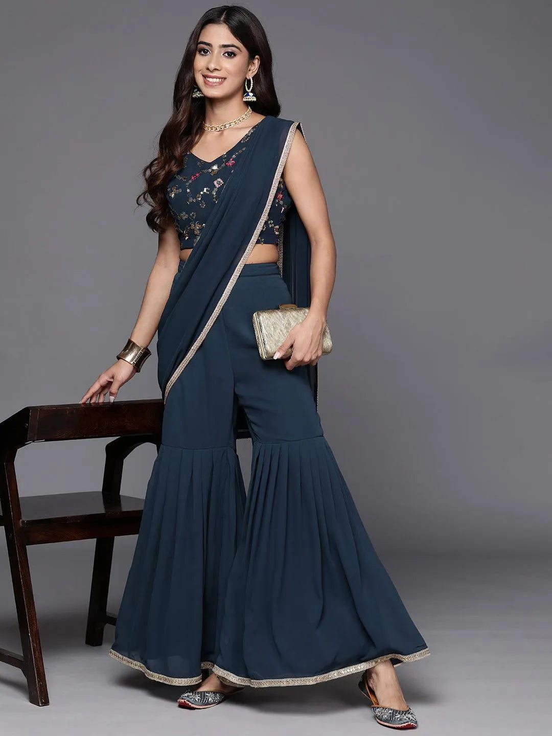 Gerua Blue Embellished Georgette Stitched Saree