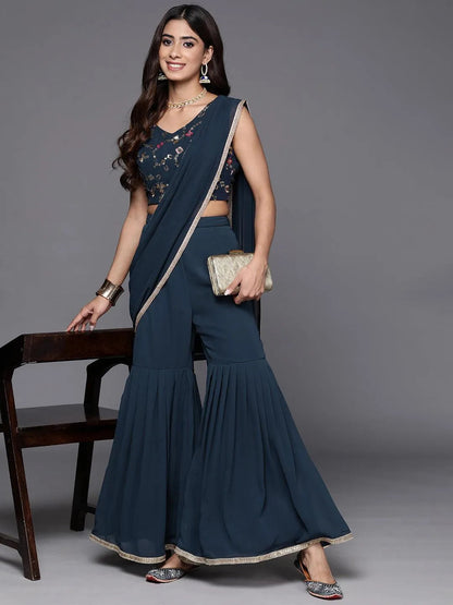 Gerua Blue Embellished Georgette Stitched Saree