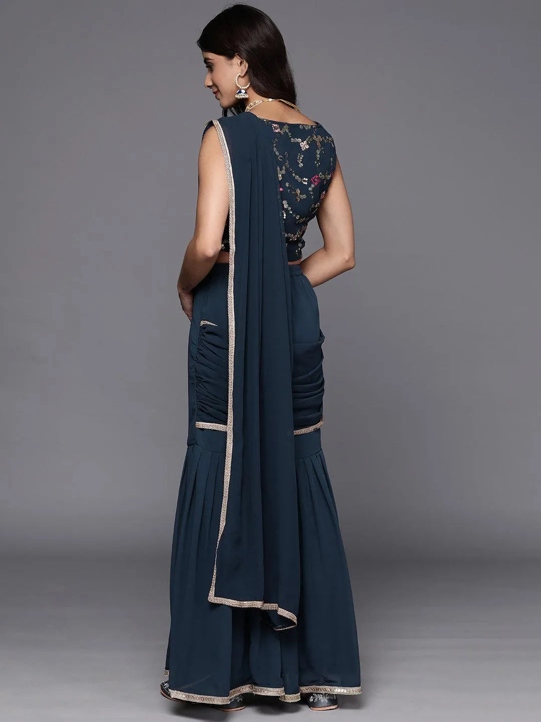 Gerua Blue Embellished Georgette Stitched Saree