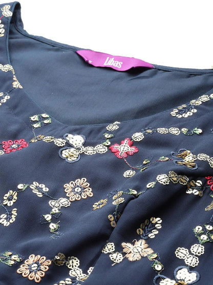 Gerua Blue Embellished Georgette Stitched Saree