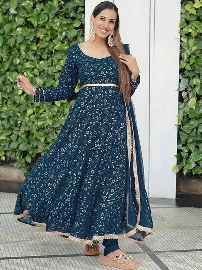 Libas Blue Embroidered Georgette Anarkali Kurta With Churidar & Dupatta