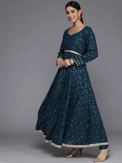 Libas Blue Embroidered Georgette Anarkali Kurta With Churidar & Dupatta