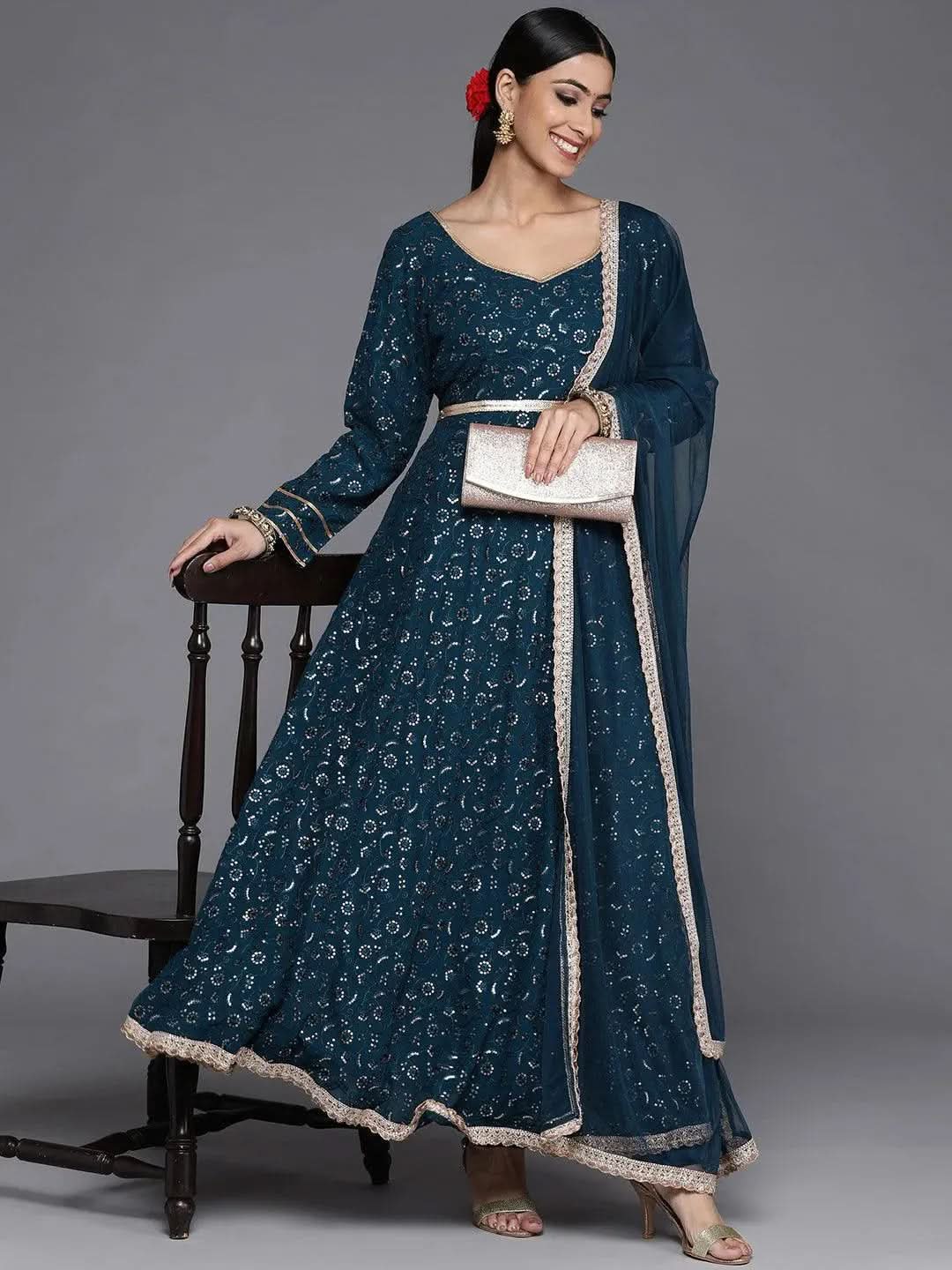 Libas Blue Embroidered Georgette Anarkali Kurta With Churidar & Dupatta