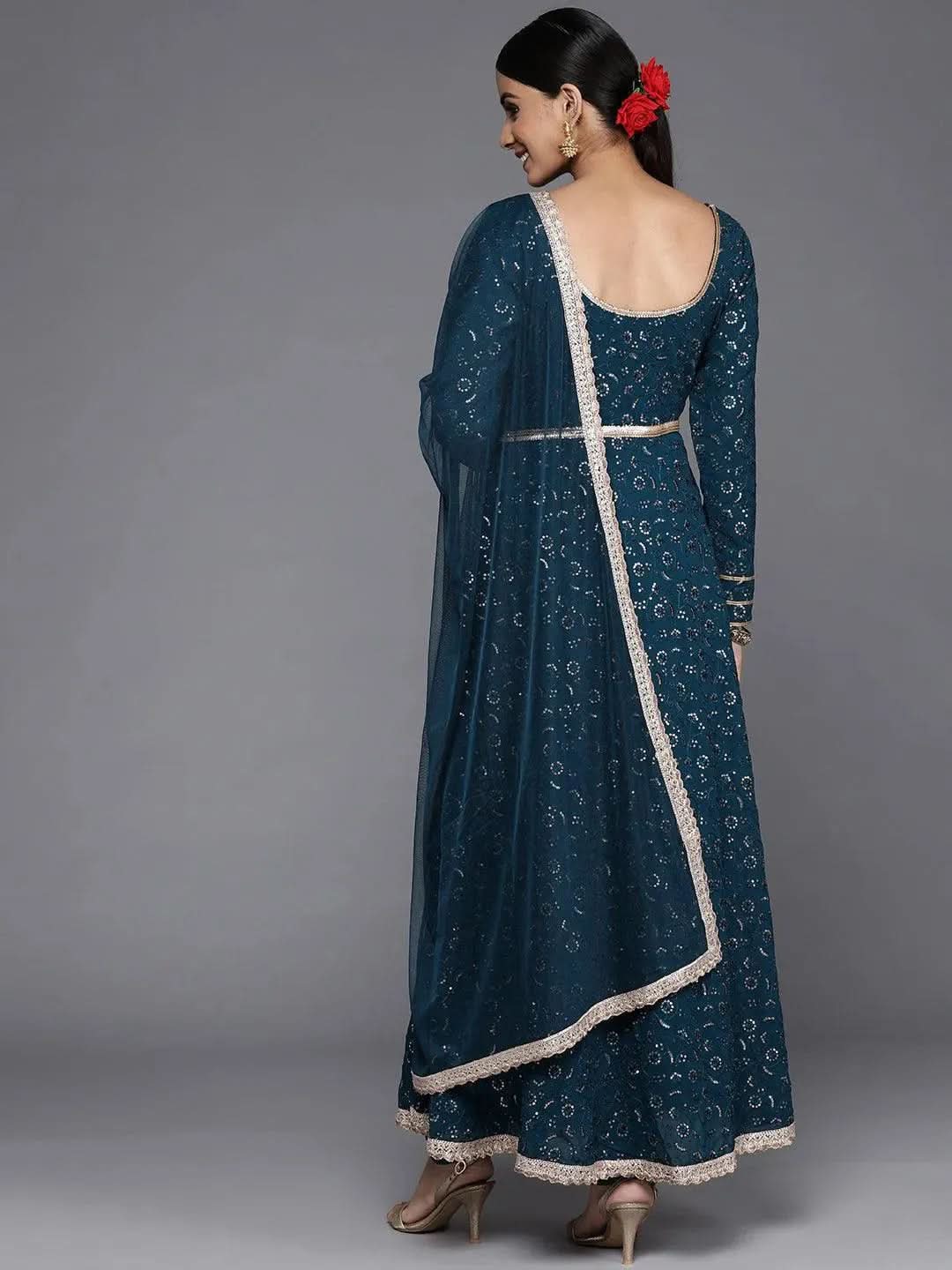 Libas Blue Embroidered Georgette Anarkali Kurta With Churidar & Dupatta