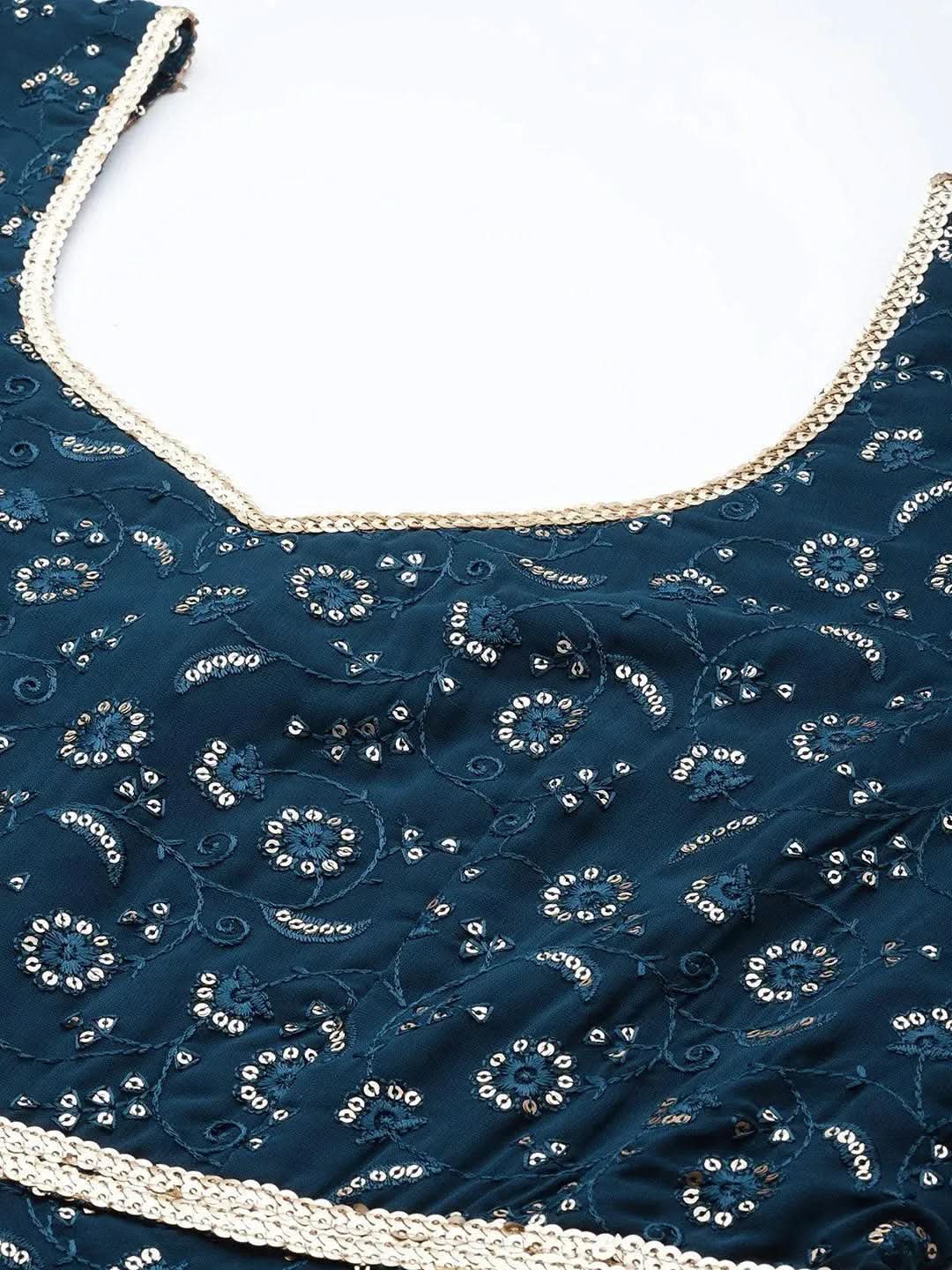 Libas Blue Embroidered Georgette Anarkali Kurta With Churidar & Dupatta