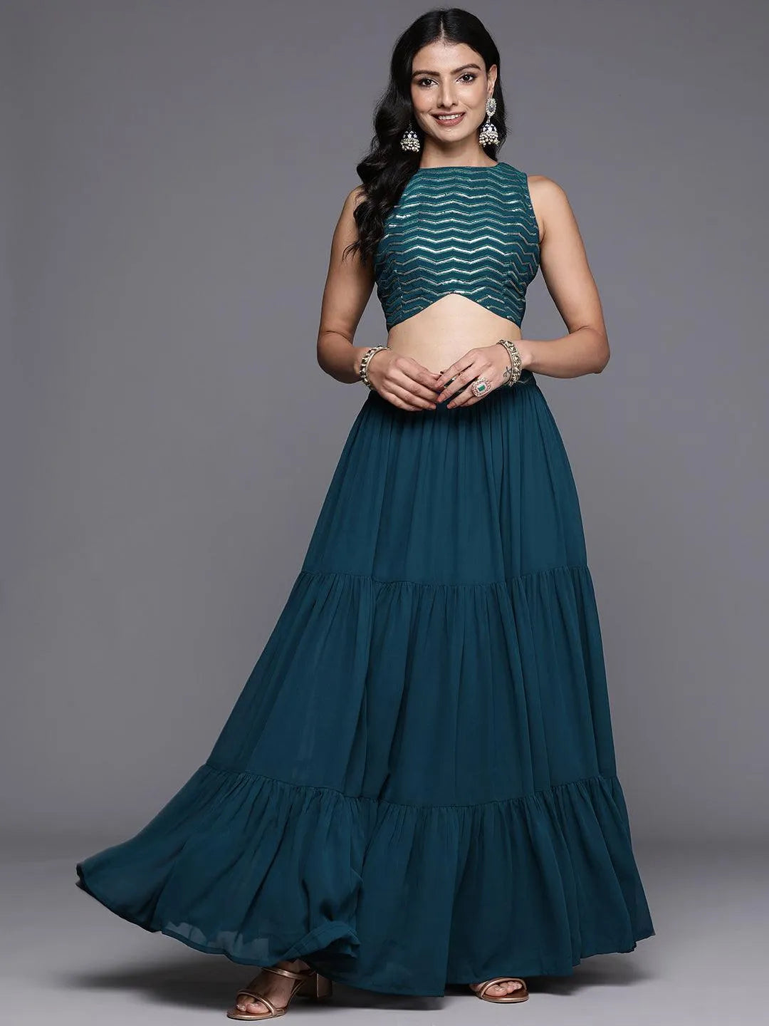 Libas Blue Embroidered Georgette Lehenga Set
