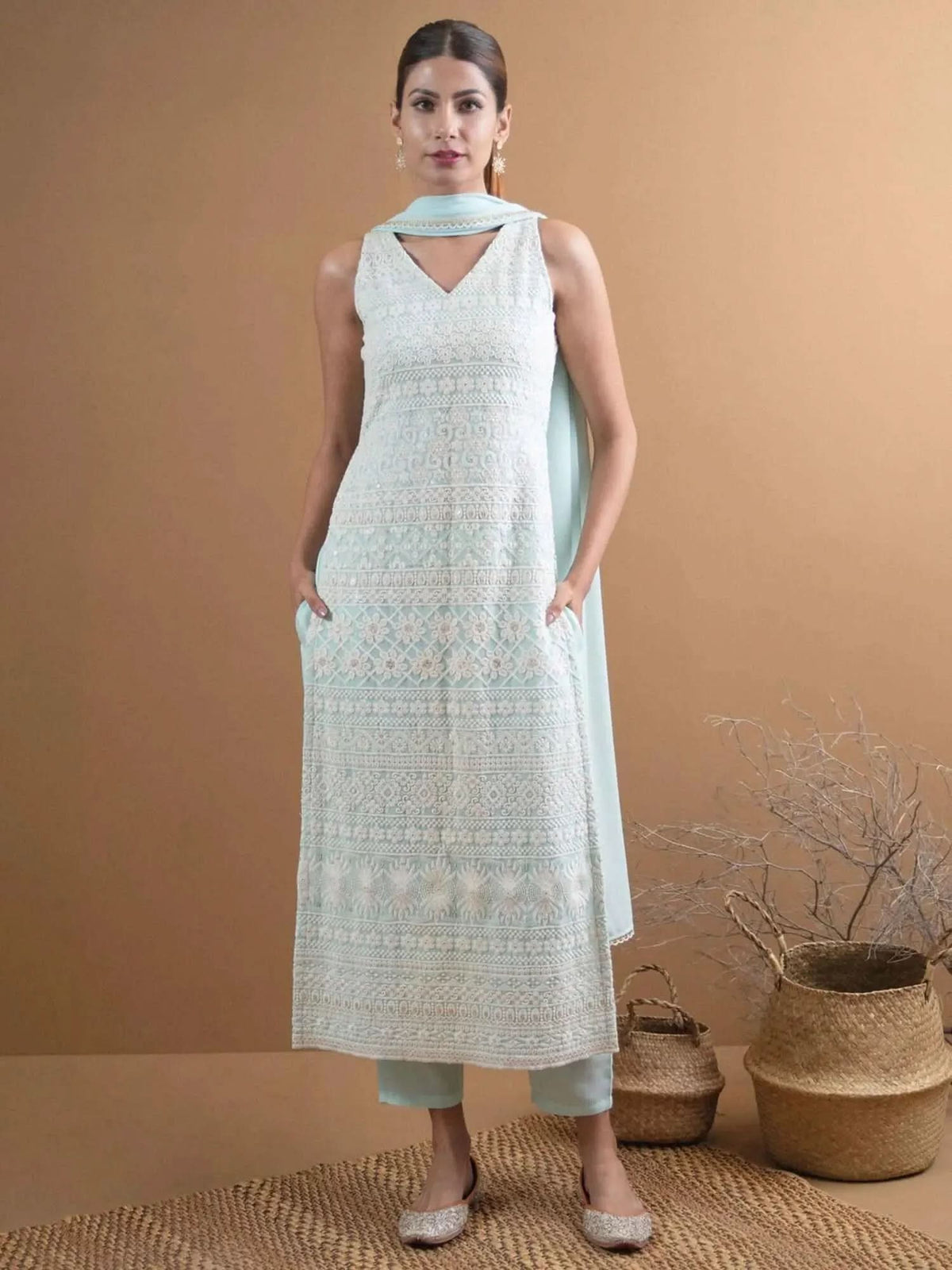 Libas Blue Embroidered Georgette Straight Kurta With Dupatta