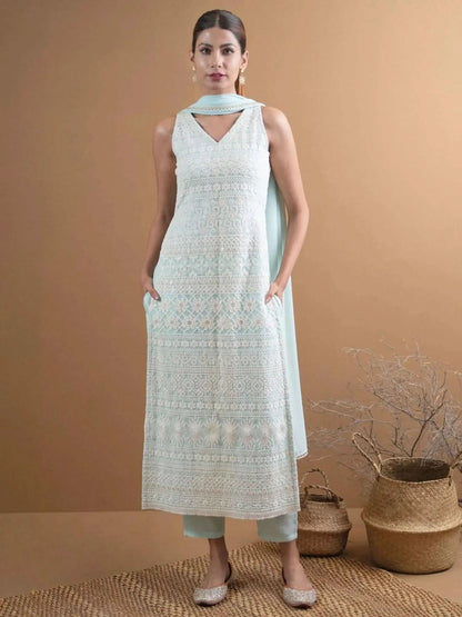 Libas Blue Embroidered Georgette Straight Kurta With Dupatta