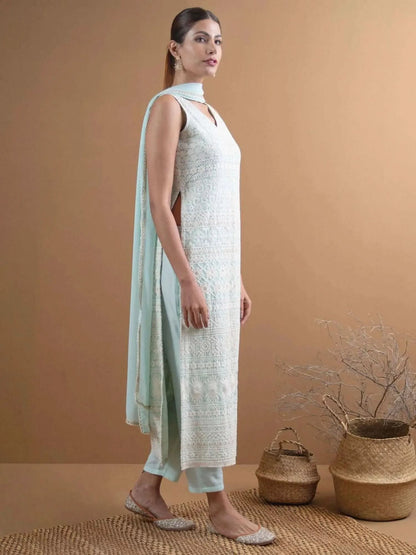 Libas Blue Embroidered Georgette Straight Kurta With Dupatta