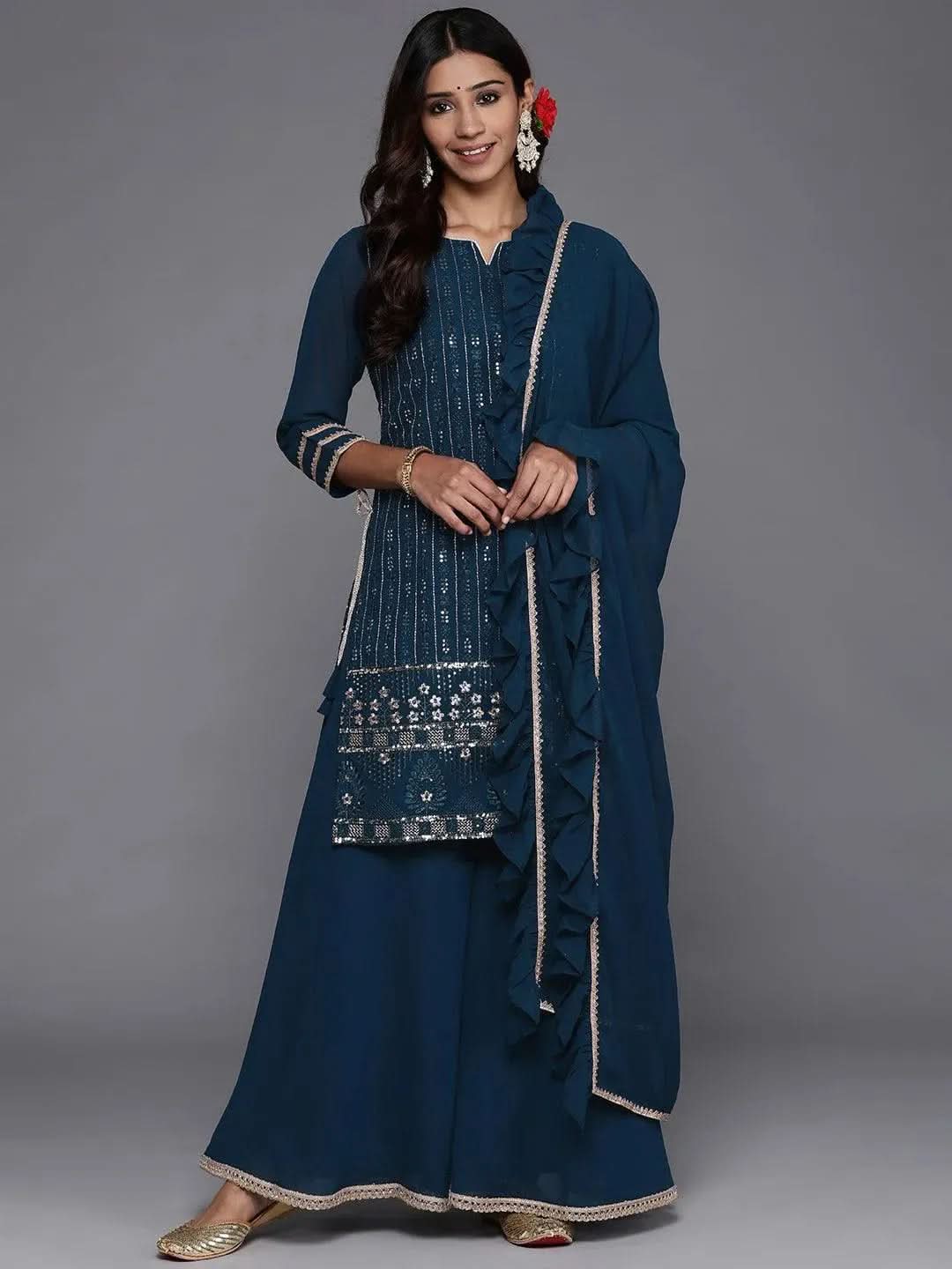 Libas Blue Embroidered Georgette Straight Kurta With Palazzos & Dupatta