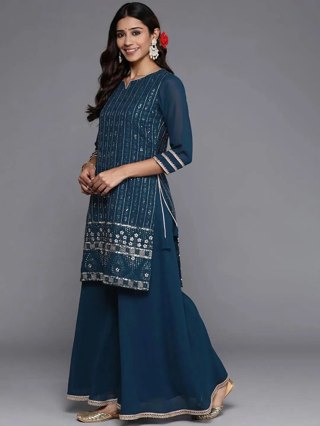 Libas Blue Embroidered Georgette Straight Kurta With Palazzos & Dupatta