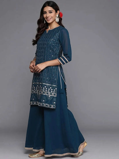 Libas Blue Embroidered Georgette Straight Kurta With Palazzos & Dupatta