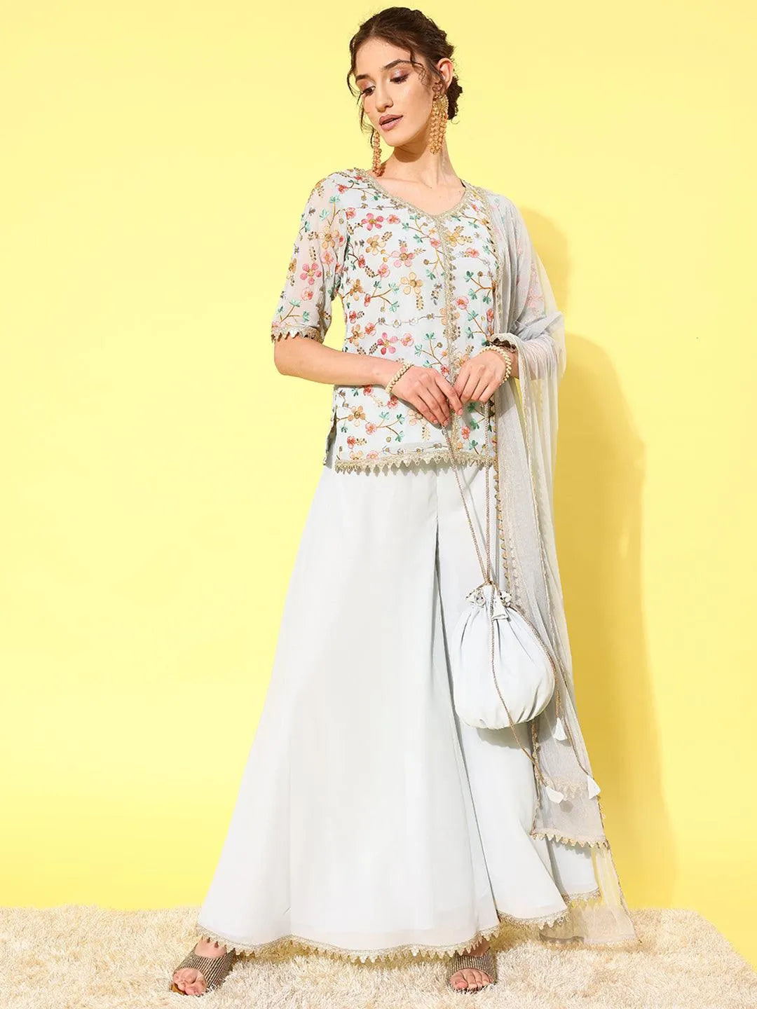 Libas Blue Embroidered Georgette Straight Kurta With Palazzos & Dupatta