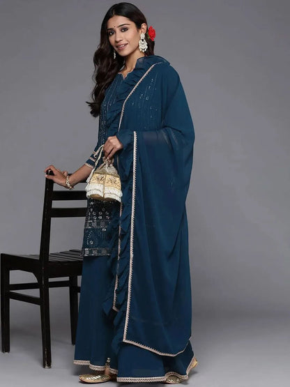 Libas Blue Embroidered Georgette Straight Kurta With Palazzos & Dupatta