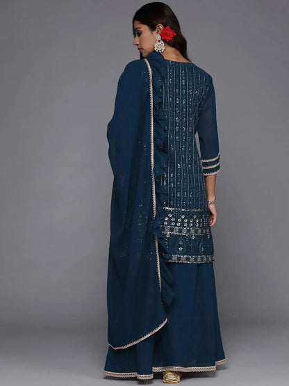 Libas Blue Embroidered Georgette Straight Kurta With Palazzos & Dupatta