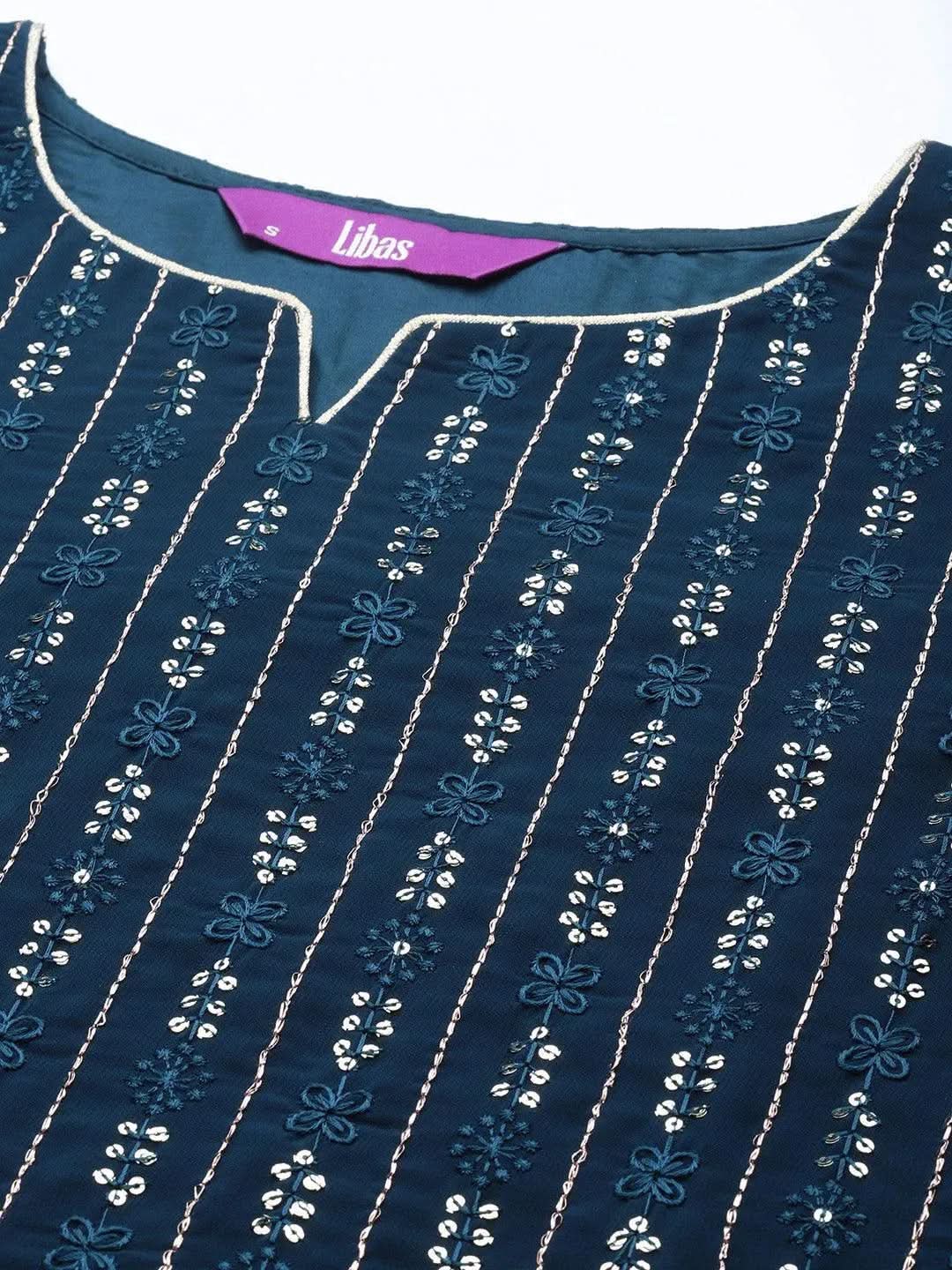 Libas Blue Embroidered Georgette Straight Kurta With Palazzos & Dupatta