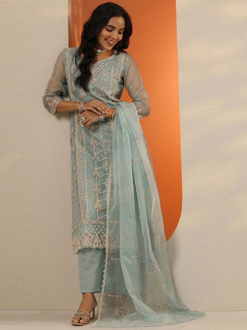 Libas Blue Embroidered Organza Straight Suit Set With Dupatta