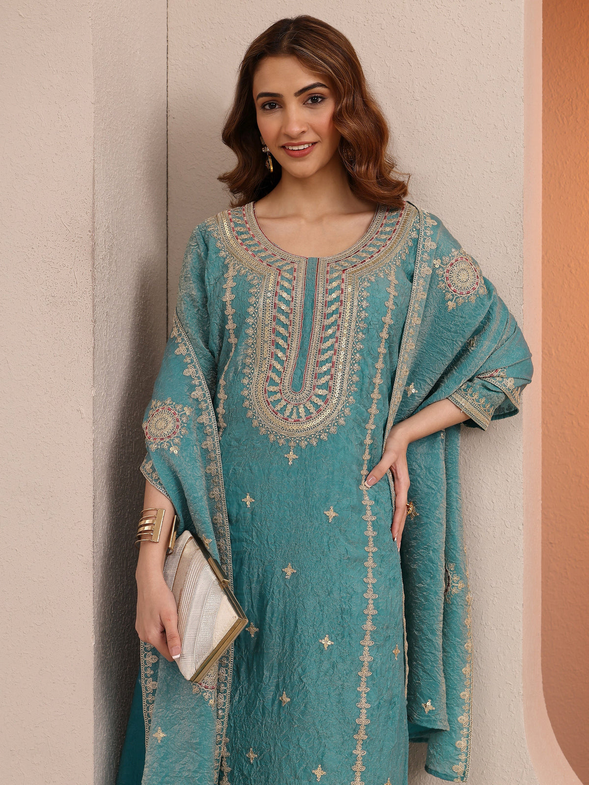 Libas Blue Embroidered Organza Straight Suit Set With Dupatta