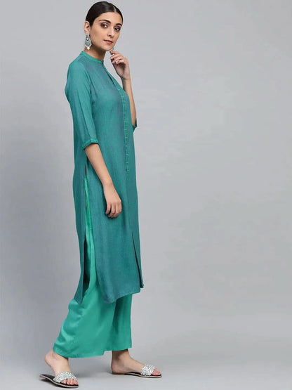 Libas Blue Embroidered Rayon Straight Kurta With Palazzos