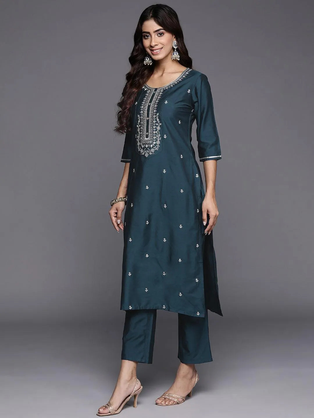 Gerua Blue Embroidered Silk Blend Straight Suit With Dupatta
