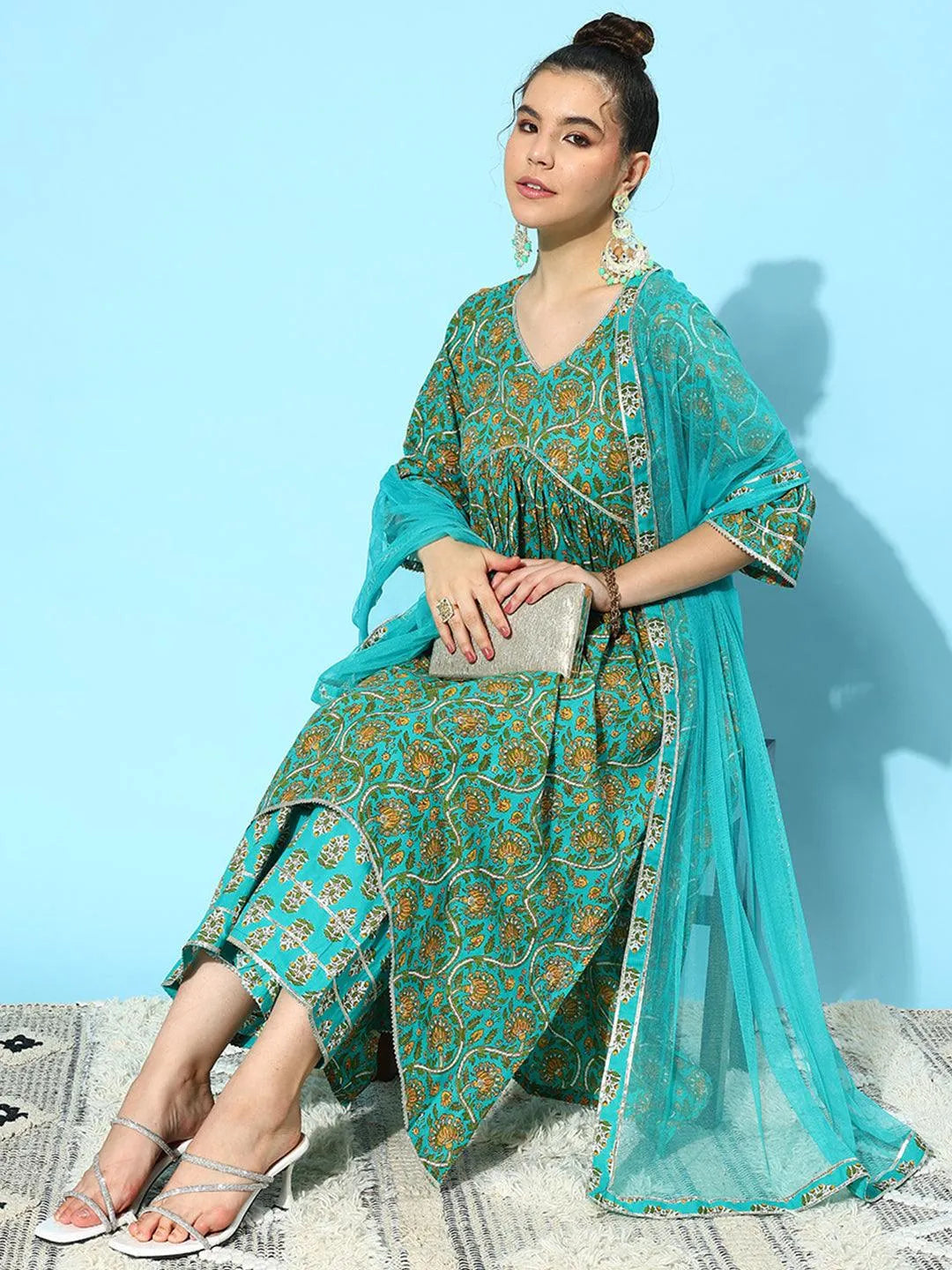 Libas Blue Printed Cotton A-Line Kurta With Palazzos & Dupatta