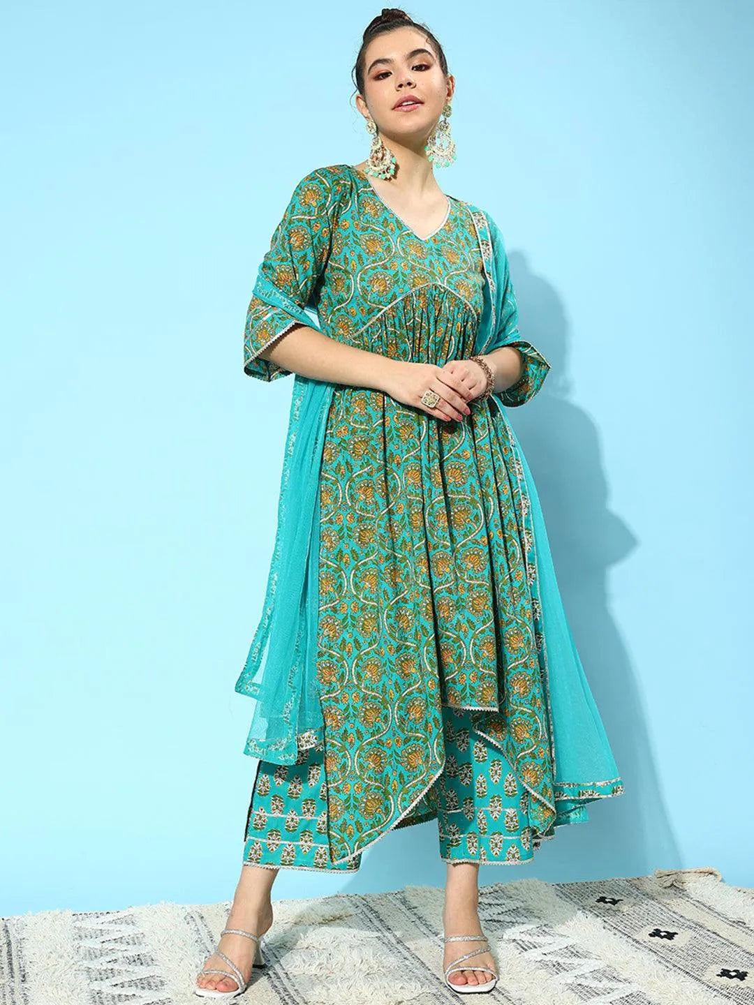 Libas Blue Printed Cotton A-Line Kurta With Palazzos & Dupatta