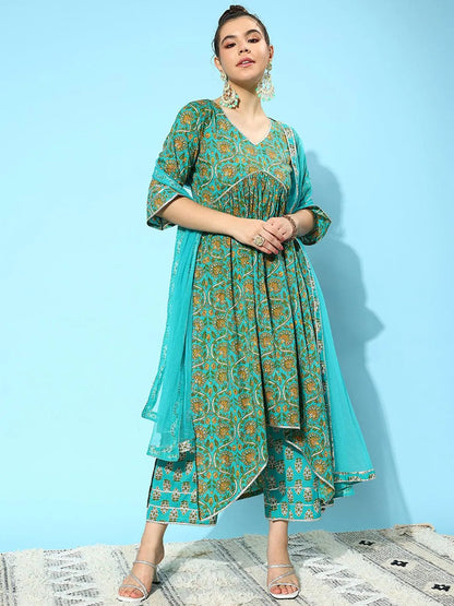 Libas Blue Printed Cotton A-Line Kurta With Palazzos & Dupatta