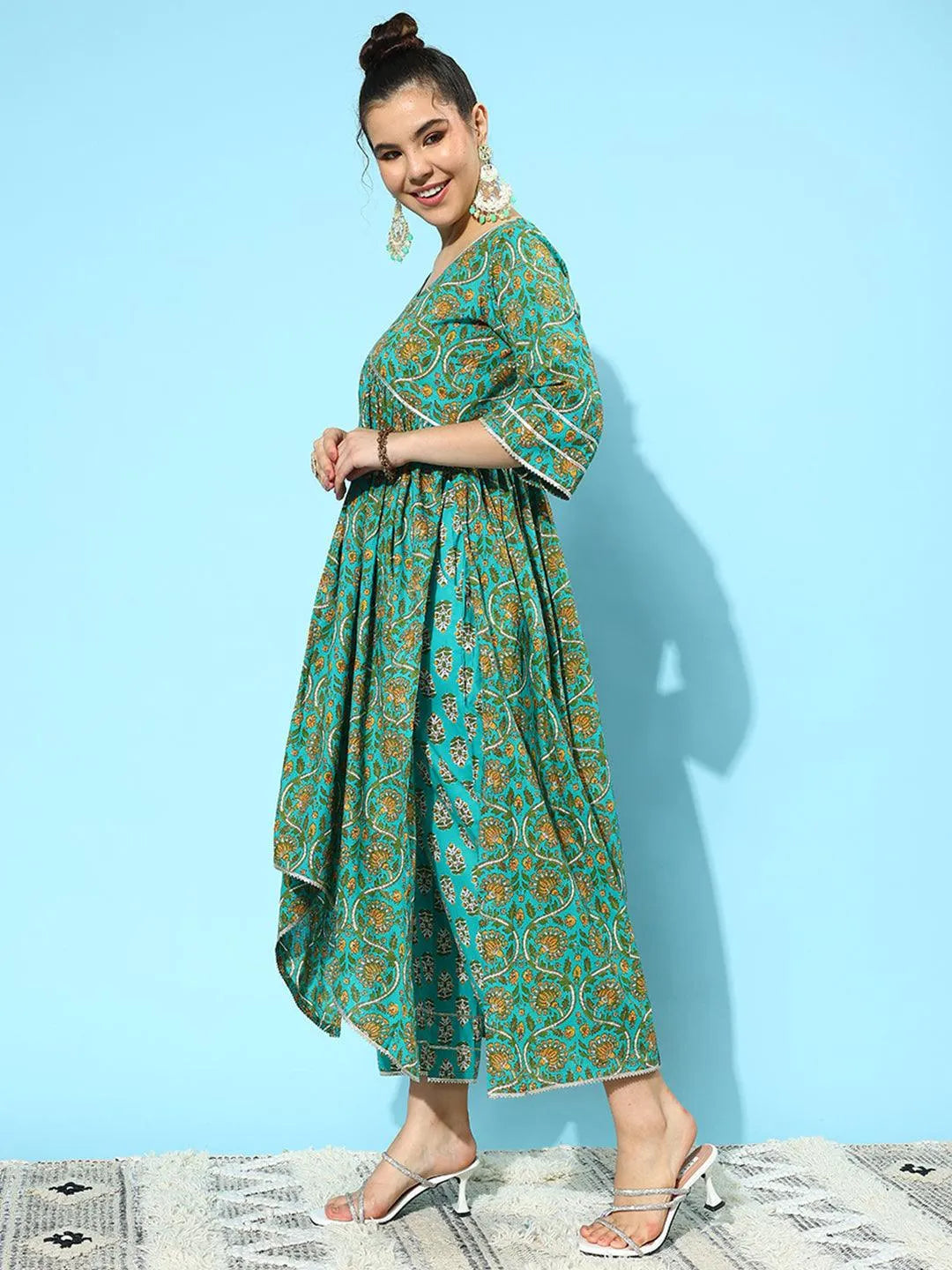 Libas Blue Printed Cotton A-Line Kurta With Palazzos & Dupatta