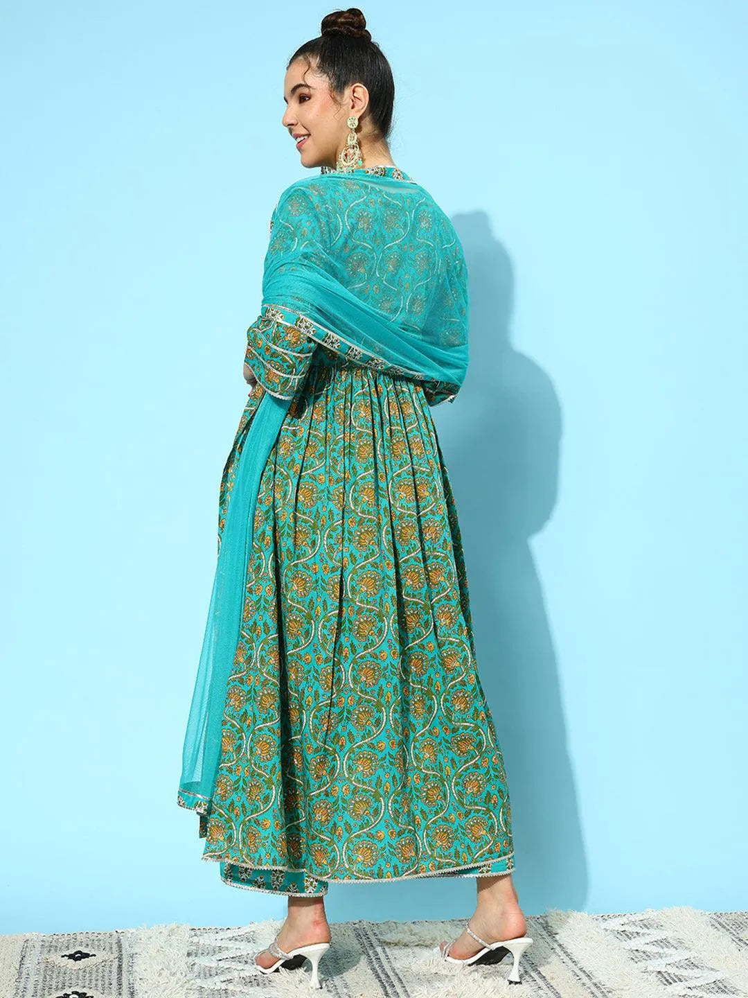 Libas Blue Printed Cotton A-Line Kurta With Palazzos & Dupatta