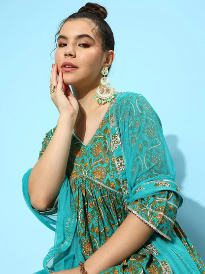 Libas Blue Printed Cotton A-Line Kurta With Palazzos & Dupatta