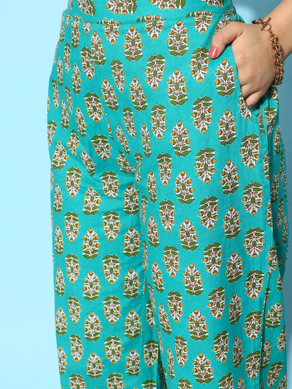 Libas Blue Printed Cotton A-Line Kurta With Palazzos & Dupatta