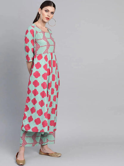 Libas Blue Printed Cotton A-Line Kurta With Palazzos
