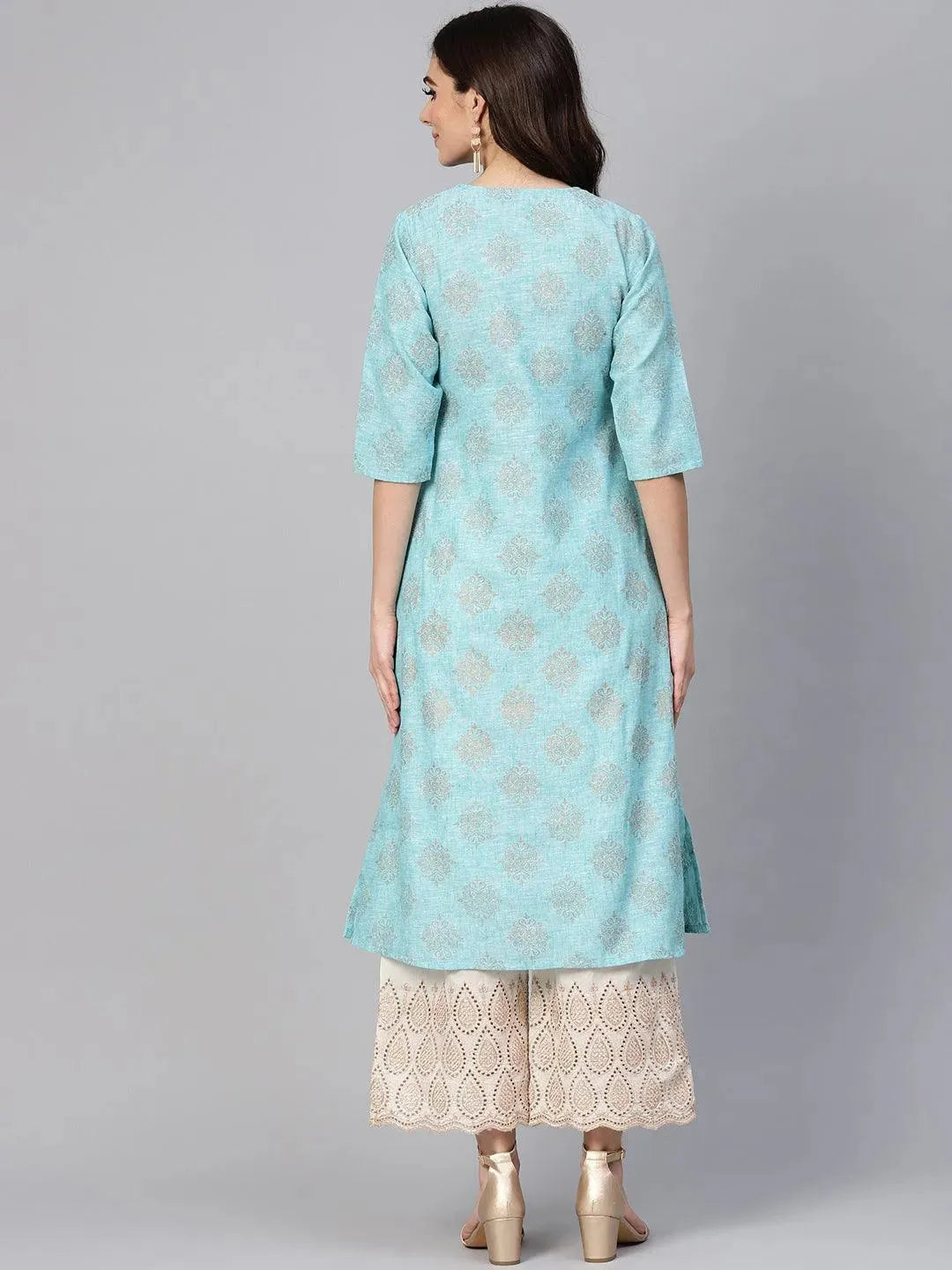 Libas Blue Printed Cotton A-Line Kurta With Palazzos
