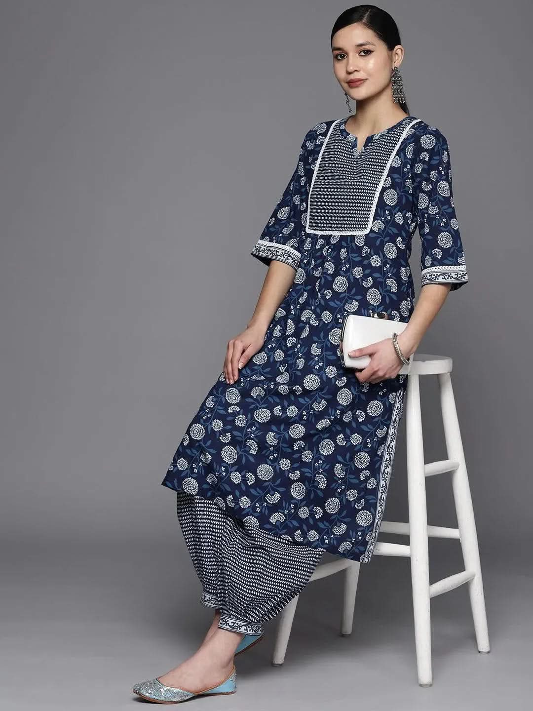 Libas Blue Printed Cotton A-Line Kurta With Salwar