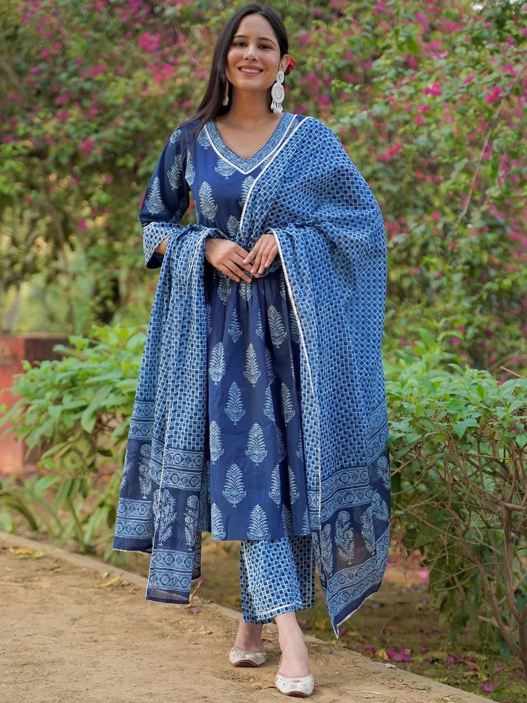 Libas Blue Printed Cotton A-Line Kurta With Trousers & Dupatta
