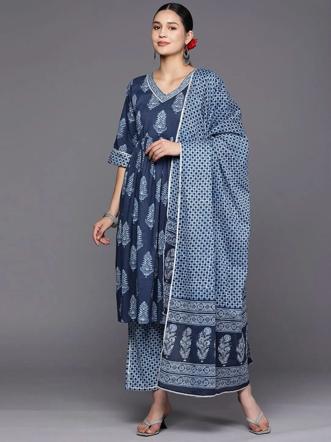 Libas Blue Printed Cotton A-Line Kurta With Trousers & Dupatta