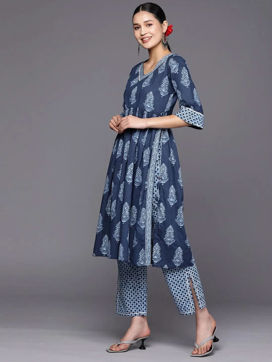 Libas Blue Printed Cotton A-Line Kurta With Trousers & Dupatta