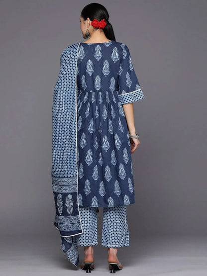 Libas Blue Printed Cotton A-Line Kurta With Trousers & Dupatta