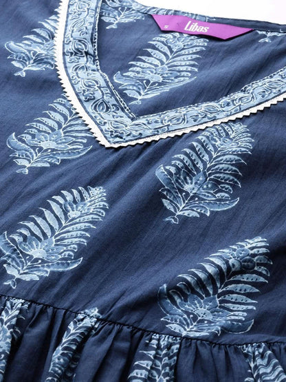Libas Blue Printed Cotton A-Line Kurta With Trousers & Dupatta