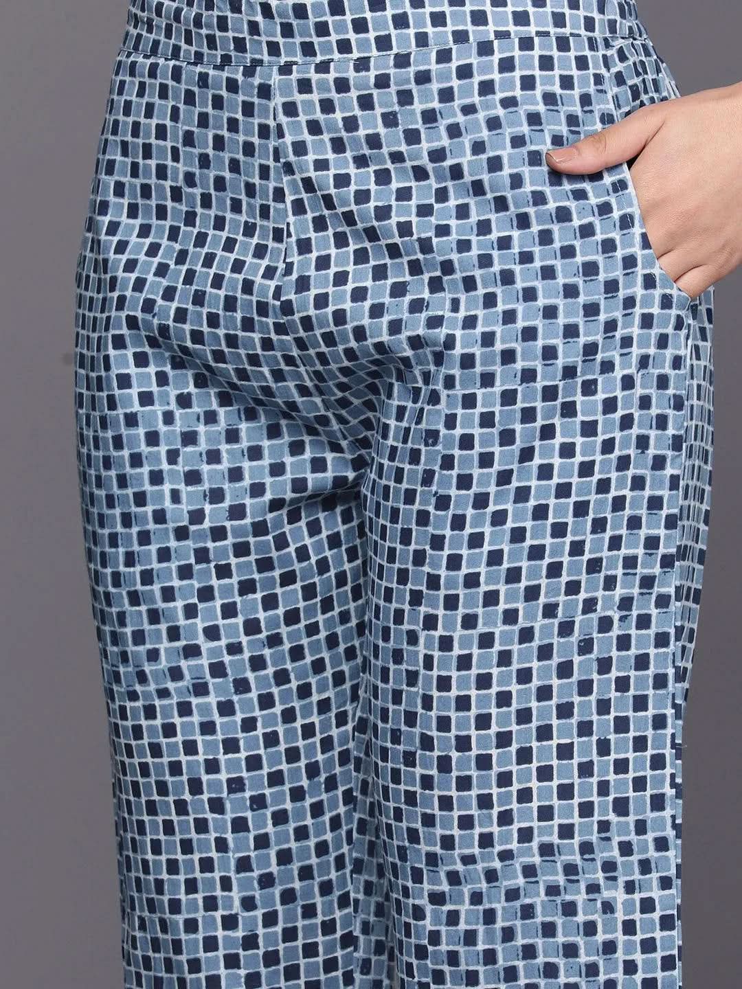 Libas Blue Printed Cotton A-Line Kurta With Trousers & Dupatta