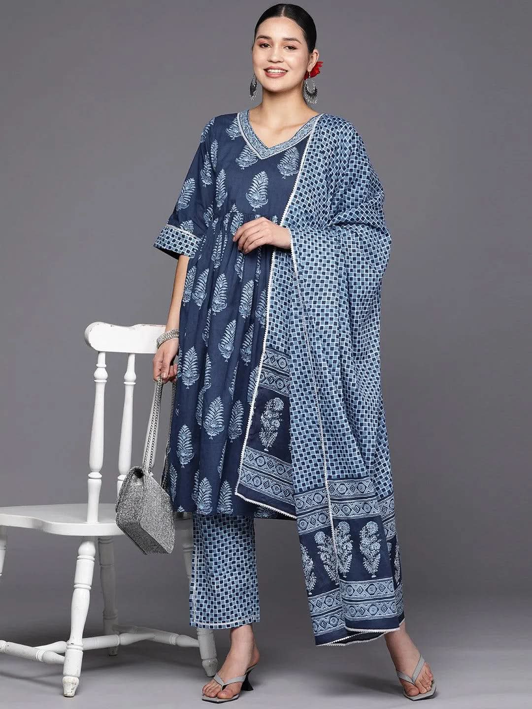 Libas Blue Printed Cotton A-Line Kurta With Trousers & Dupatta