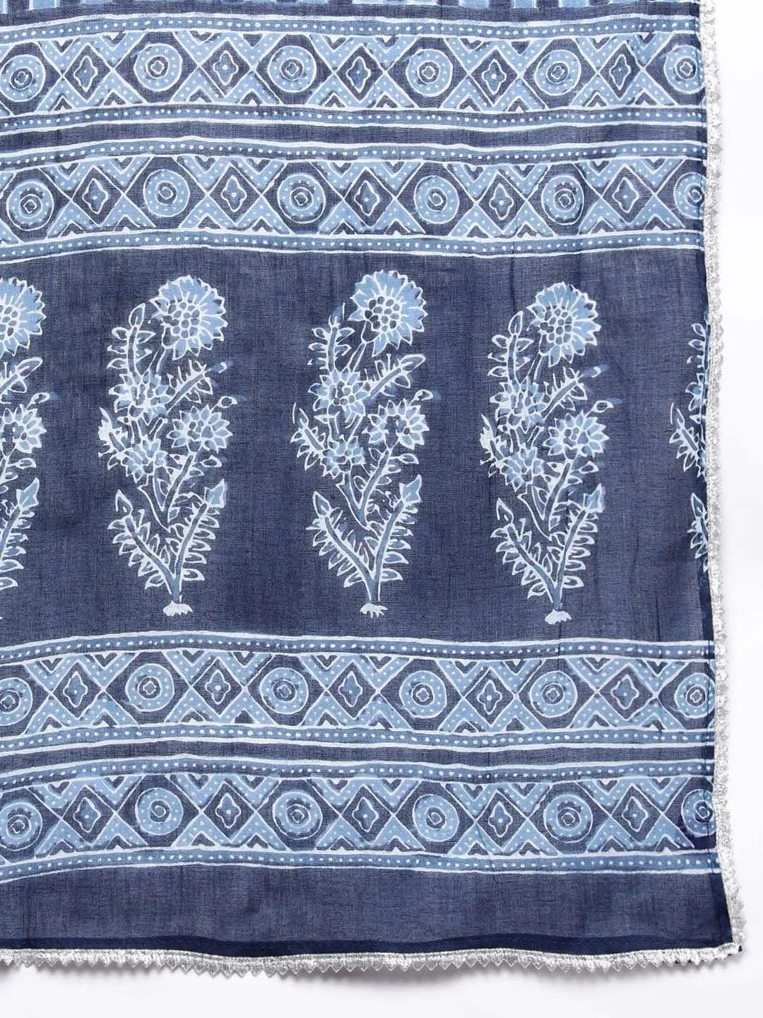 Libas Blue Printed Cotton A-Line Kurta With Trousers & Dupatta
