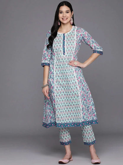 Libas Blue Printed Cotton A-Line Kurta With Trousers