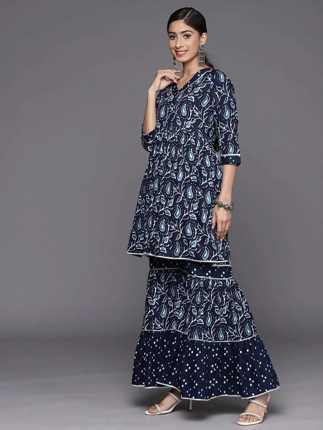 Libas Blue Printed Cotton Anarkali Sharara Suit Set With Dupatta