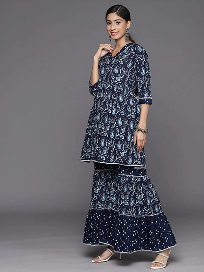 Libas Blue Printed Cotton Anarkali Sharara Suit Set With Dupatta