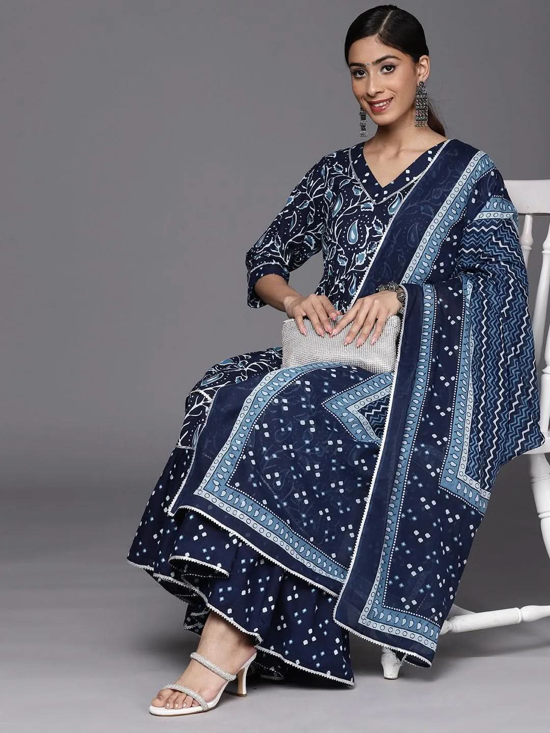 Libas Blue Printed Cotton Anarkali Sharara Suit Set With Dupatta