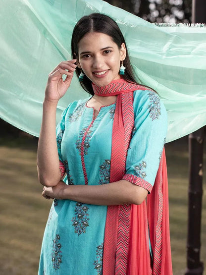 Libas Blue Printed Cotton Straight Kurta With Palazzos & Dupatta