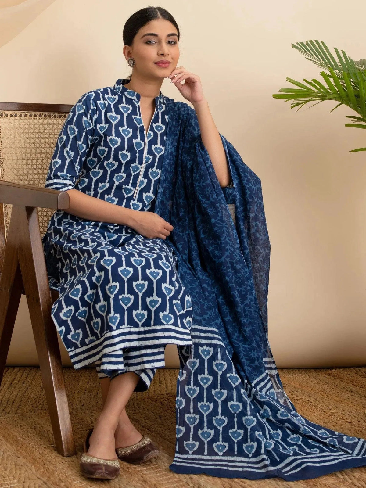Libas Blue Printed Cotton Straight Kurta With Palazzos & Dupatta